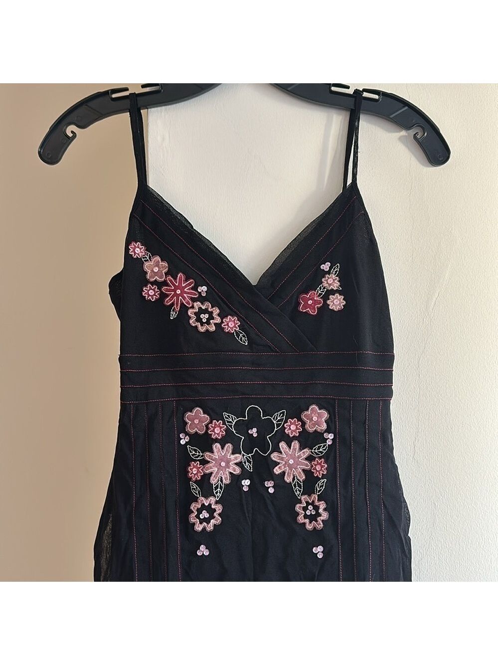 Oasis Anthropologie Slip Dress Black pink Floral Embroidery 8 EUC